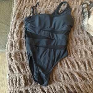 Pink Lily One Shoulder Black Swimsuit